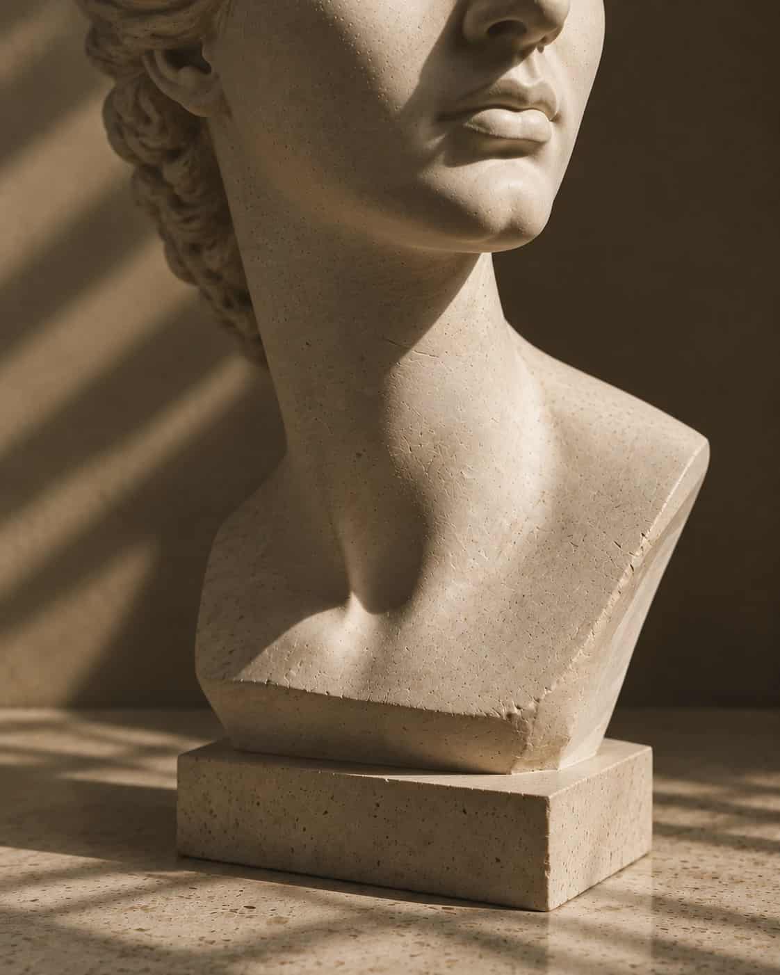 A pale plaster bust in profile, cropped close on jaw and neck, marked by bands of raking afternoon light.