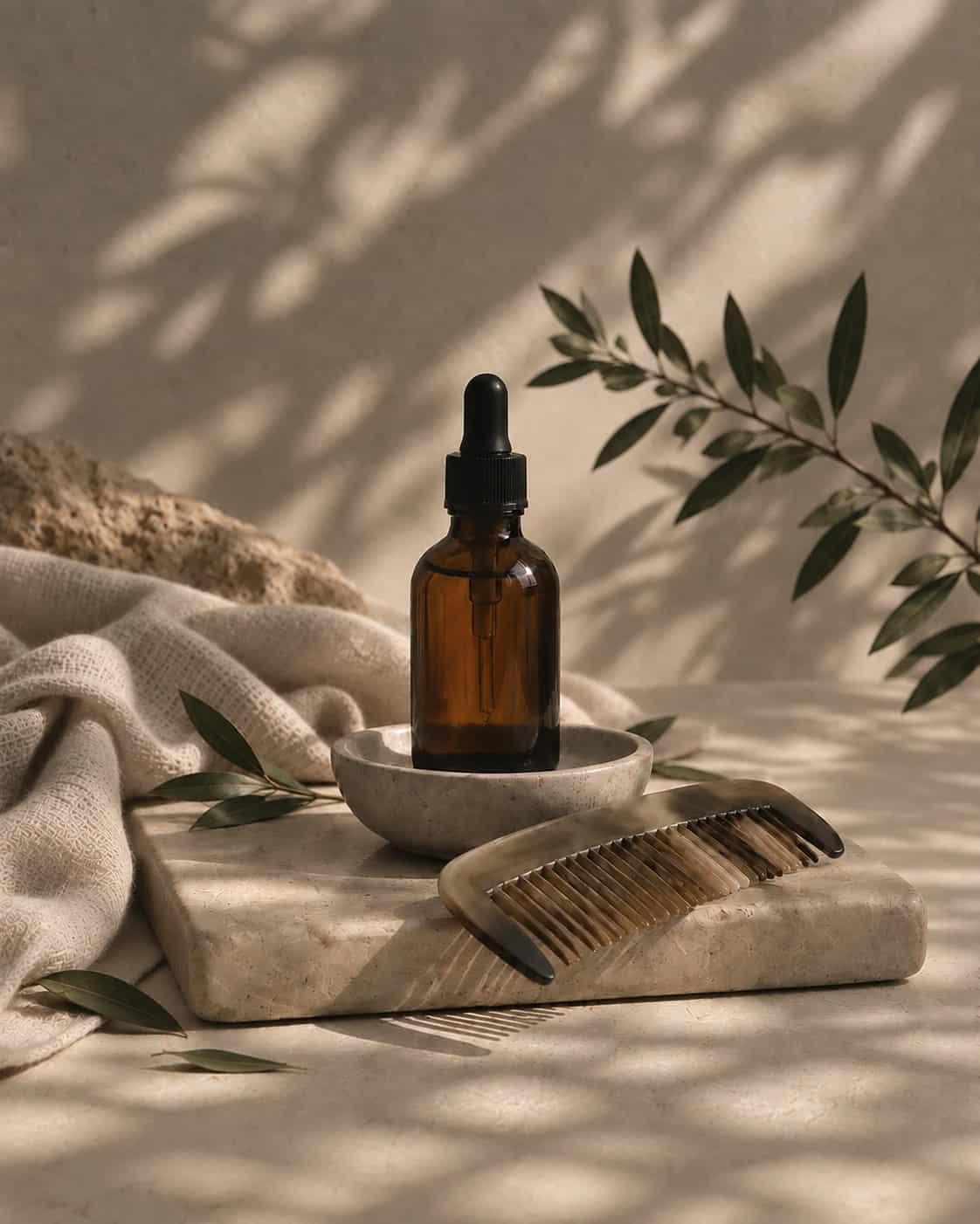 An amber dropper bottle and a horn wide-tooth comb resting on a stone slab with folded linen, pumice and an olive branch.