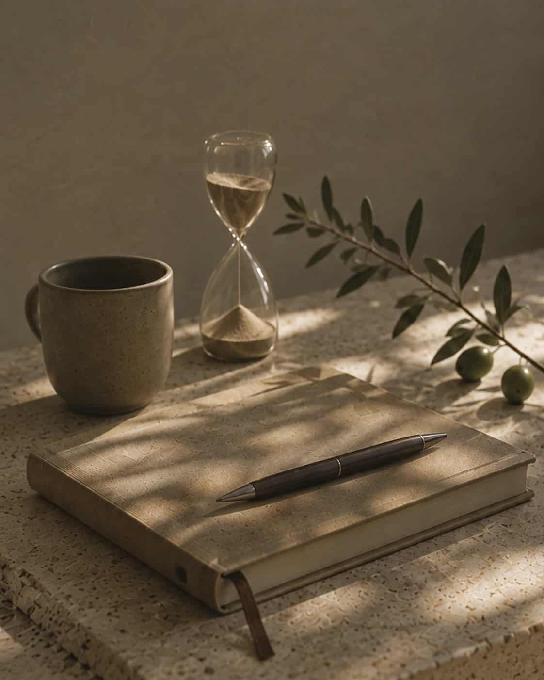 An hourglass with sand mid-fall beside a ceramic mug, an olive sprig and a pen resting on a leather-bound notebook in warm side light.