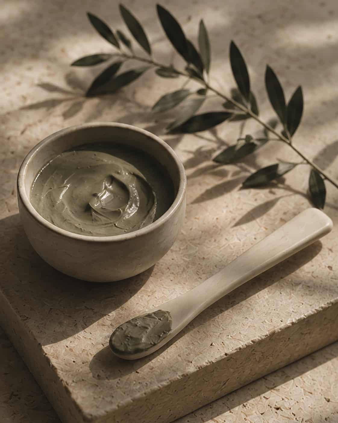 A ceramic bowl of sage-green clay mask beside a wooden spoon holding a dab of the paste, an olive branch resting nearby on sunlit stone.