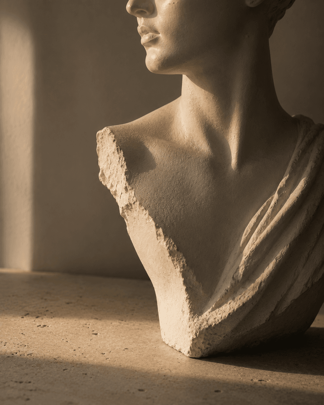 A pale plaster bust fragment in profile, lit by low raking light that traces the contour of cheek and jaw.