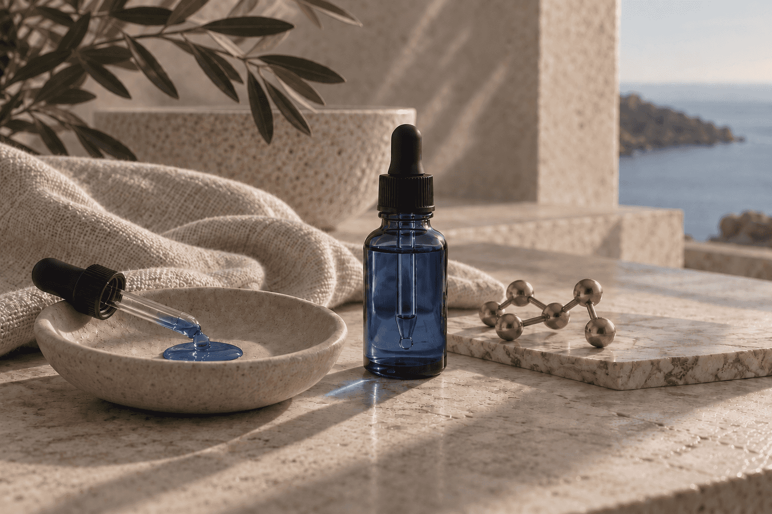 A dark blue glass dropper bottle beside a stone dish catching a single deep-blue droplet, a copper-toned molecular model resting on marble in warm coastal light.